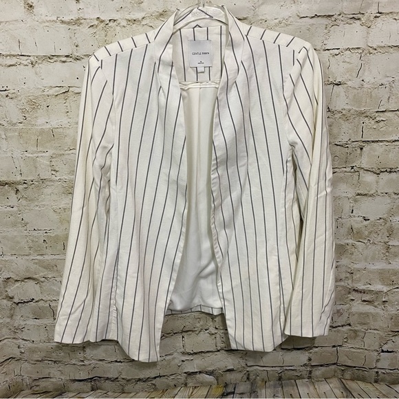Gentle Dawn Ivory Gray Pin Striped Open Front Career Blazer - Picture 1 of 5